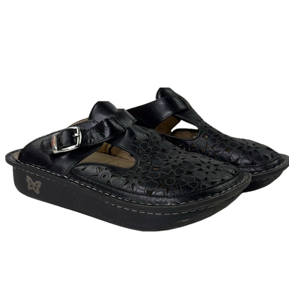 Alegria Women's Black Cutout Leather Slip-on Clogs Mules - Picture 1 of 14
